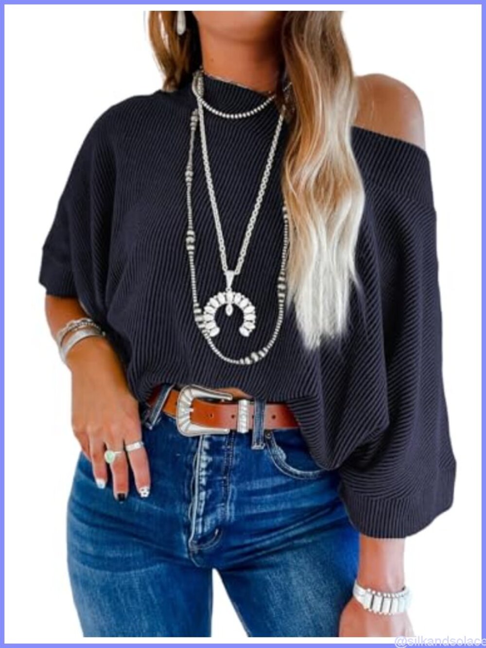 Women's Off Shoulder Top 3/4 Sleeve Batwing Knit Blouse